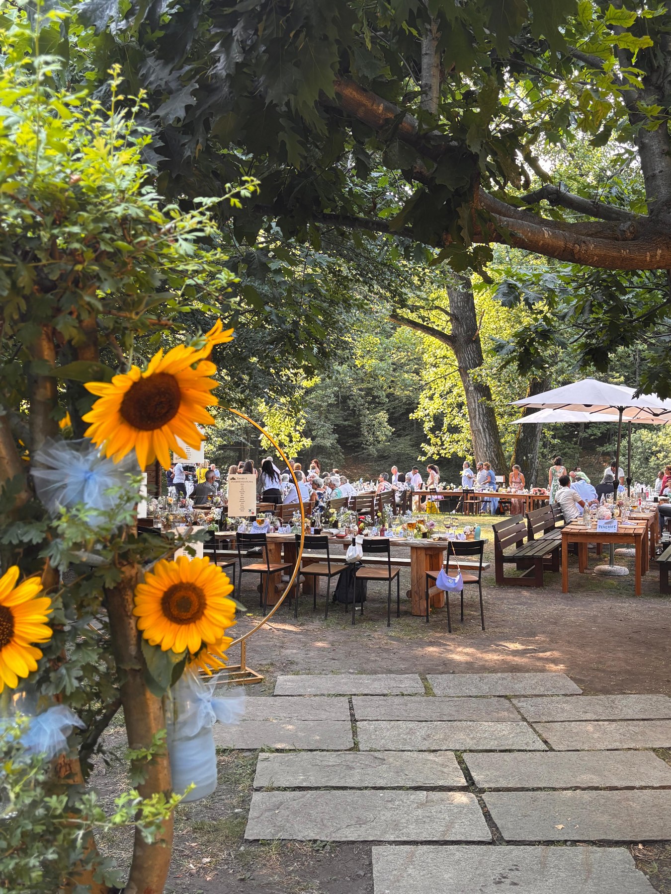 Grande banchetto tra gli alberi con tavolate e girasoli